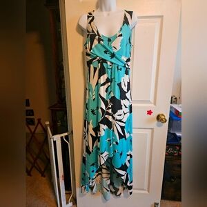 London Times Ruched Dress Blue and Black With High Low Hem- SIZE M